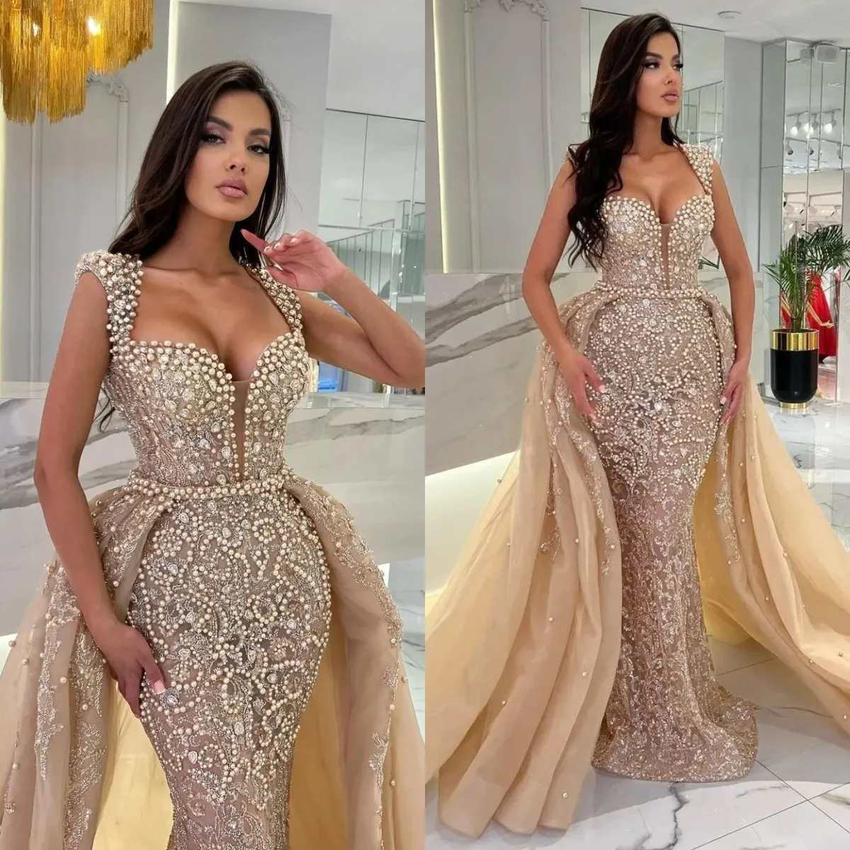 Champagne Lace Mermaid Prom Dresses 2025 With Heavy Pearls Plus Size Formal Evening Occasion Gowns With Overskirt Train