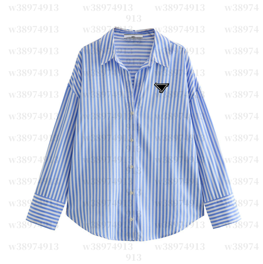 Blue Striped Women Shirts Designer Letter Embroidery Lapel Neck Short Blouses Womens