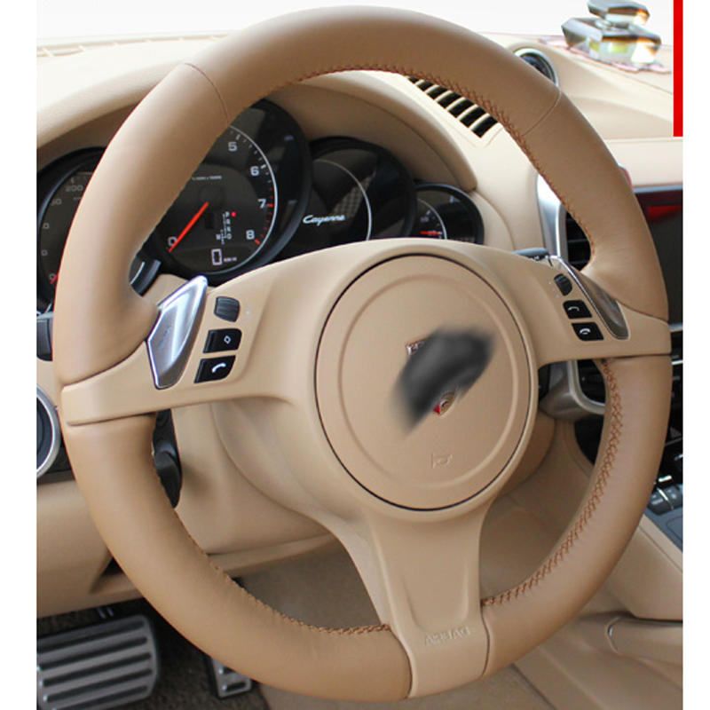 All Brown Leather & Brown Thread Steering Wheel Hand Sewing Wrap Cover Fit For Porsche Cayenne - Panamera 2010-2011 car accessories
