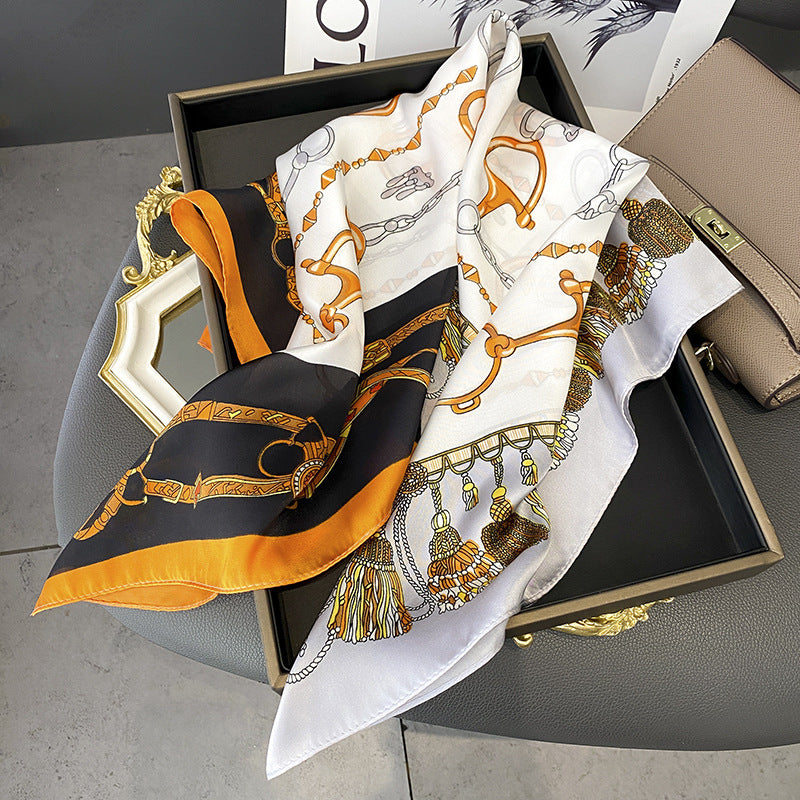 Scarves Classic Metal Chain Color Matching Artificial Silk Medium Kerchief Womens Summer Thin Arm Bag Scarf Tube Top