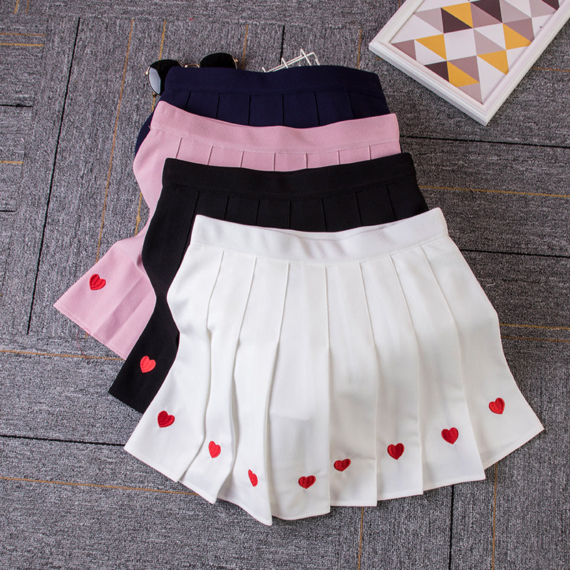 Blackday Women Fashion High Waist A-Line Skirts Love Embroidery Pleated Skirt Wind Cosplay skirt kawaii Female Mini Skirts Short Under