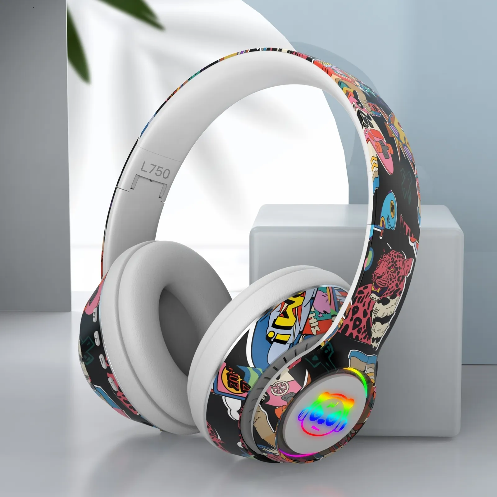 Headsets Graffiti Headphones Bluetooth 5.1 DJ Headset Wireless Gamer with Mic RGB LED Light For Kids PC Gamer Earphone Support TF Card 230314