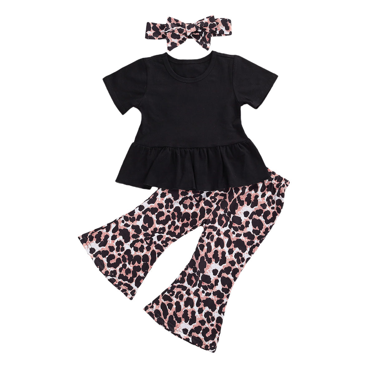 0-3Y Infant Baby Girls Summer Clothes Sets Ruffles Short Sleeve Black T Shirts Tops+Leopard Flare Pants+Headband