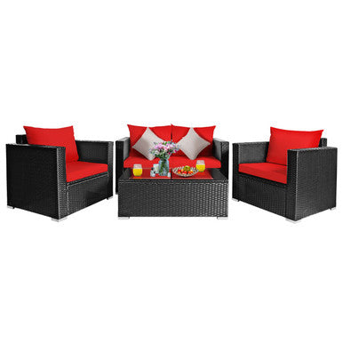 Rattan Outdoor 4-Piece Red Cushion Patio Set