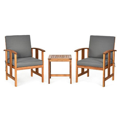 Wooden 3-Piece Patio Furniture Set with Grey Cushions