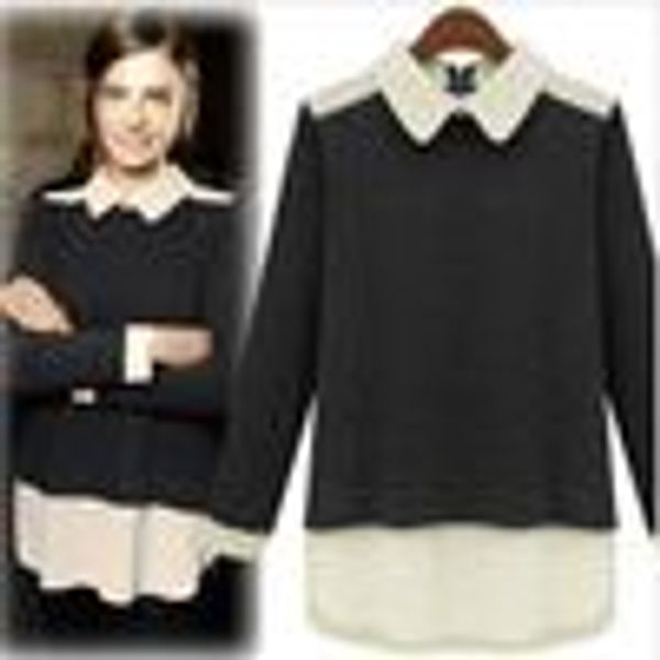 Wholesale-2015 Autumn And Winter Peter Pan Collar Chiffon Women Blouses Patchwork Long-Sleeve Knitted Pullover Sweater Women Tops 1135