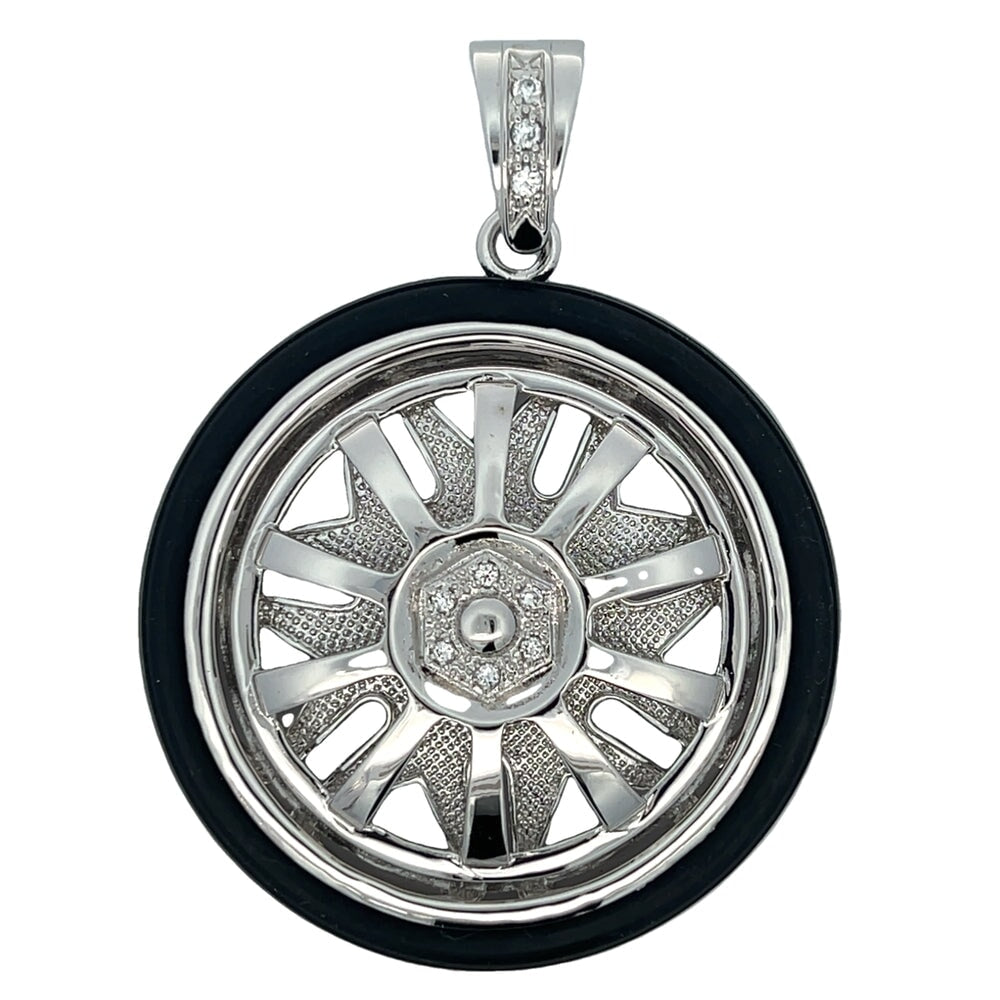 10 Spoke Spinner Rim with Tire CZ Pendant .925 Sterling Silver