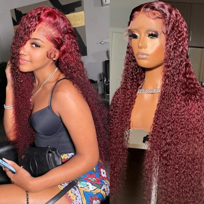 Julia Jerry Curly 13x4 Lace Front 180% Density Colored 99J Burgundy Wigs Pre Plucked Red Wine Wigs WIth Baby Hair Flash Sale