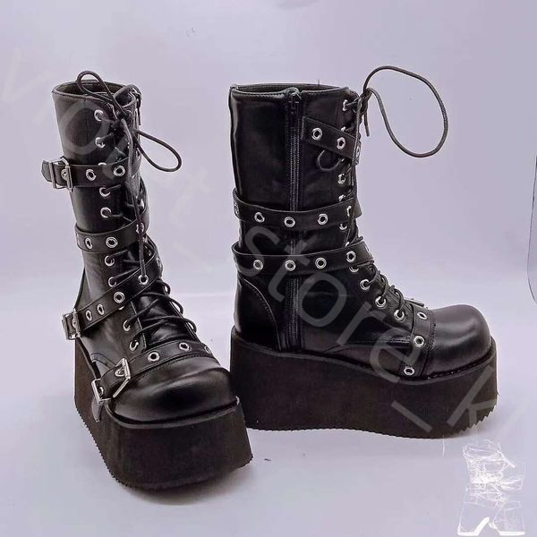 Plus Size 43 Autumn Women Boots Buckle Round Toe Wedges Platform Boots Punk Goth INS Women Street Shoes Combat Boots For Women 904