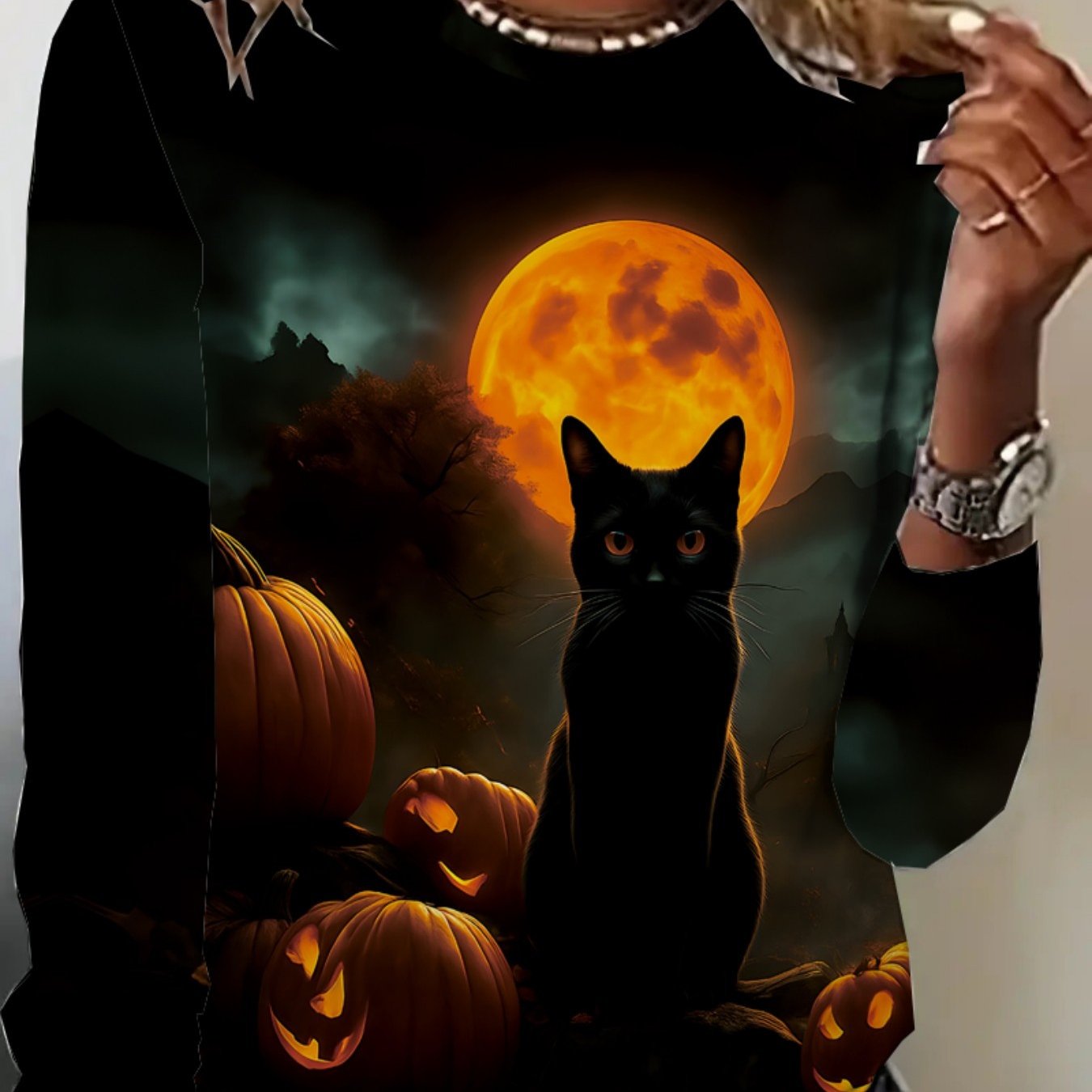 TEMU Women's Halloween Long Sleeve Crew Neck T-shirt - Spooky Black -o'-lanterns , Casual Regular For Spring & Fall, Comfortable Casual Attire With