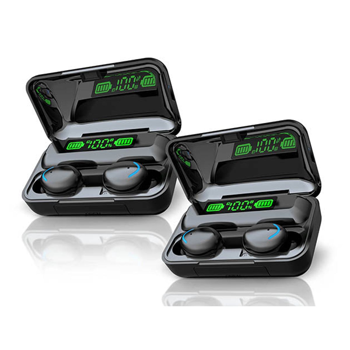 Flux 7 TWS Earbuds with Wireless Power Bank Charging Case (1 or 2-Pack) - Black - 2 Pack