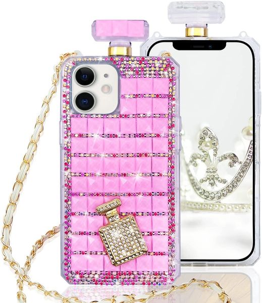 Luxury 3D Bling Perfume Bottle Phone Cases for iPhone 15 14 13 12 11 Xr 7 8 Elegant Glitter Full Diamond Crystal Rhinestone with Strap Prote
