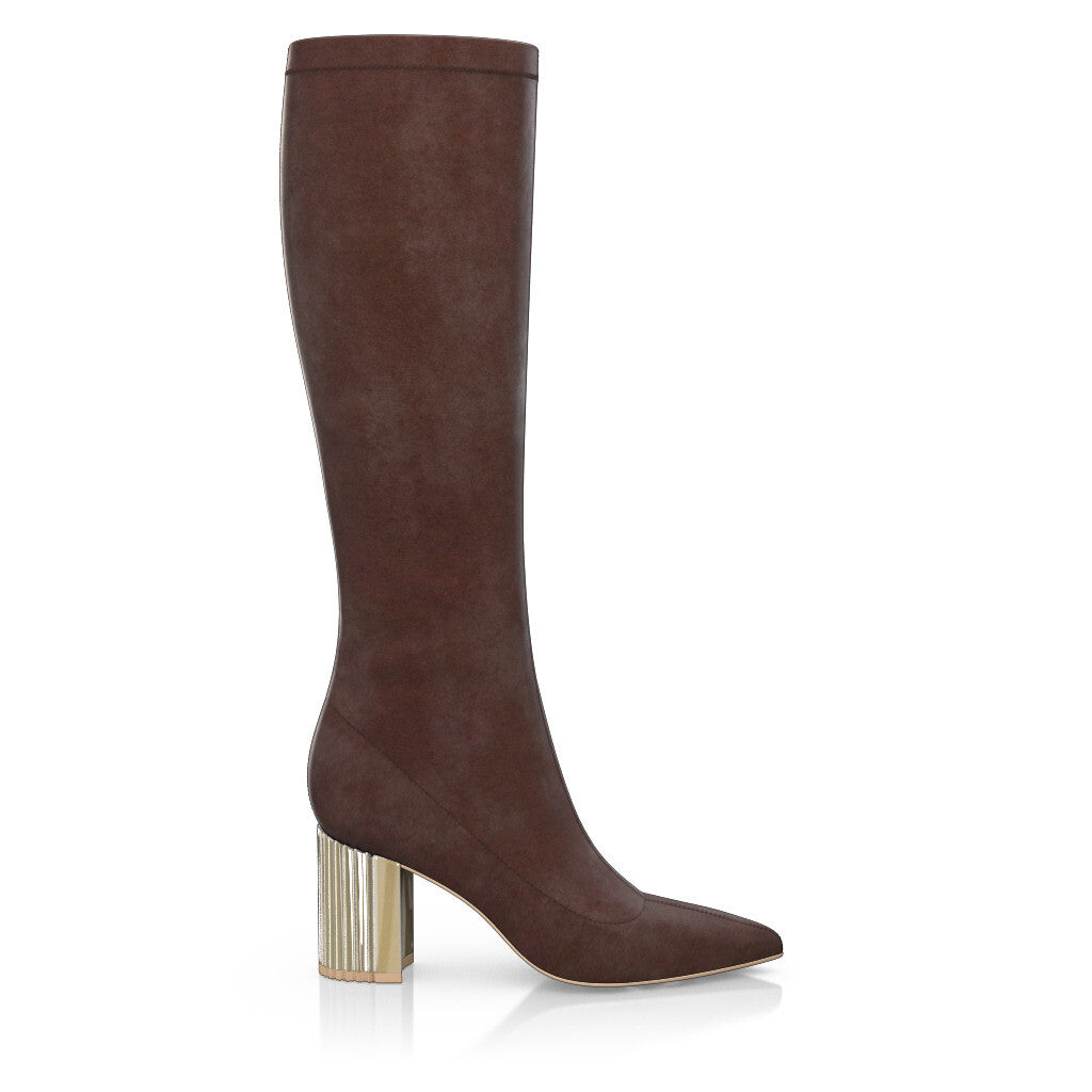 Pointed Toe Sock Boots Metallic Block Heels Femme Faites main en Italie en Stretch Chocolat Marron - Sur Mesure, Haut, Élastique - GIROTTI
