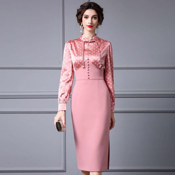 Smart Elegant Temperament New Chinese Style Dress with Stand Up Collar and Buckle Splicing Fake Two-piece Polka Dot Wrap Skirt for Autumn Si