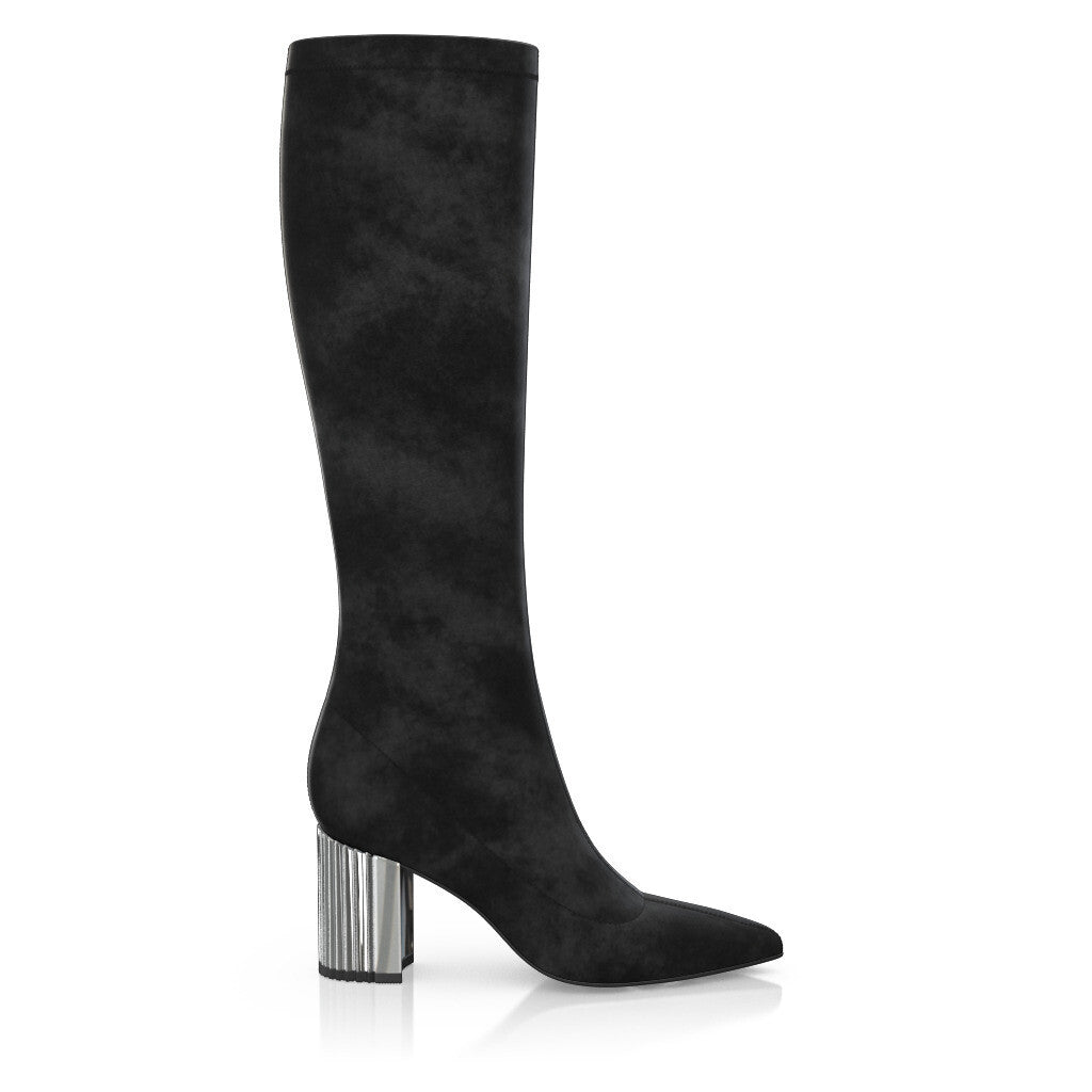 Pointed Toe Sock Boots Metallic Block Heels Femme Faites main en Italie en Stretch Noir - Sur Mesure, Haut, Élastique - GIROTTI