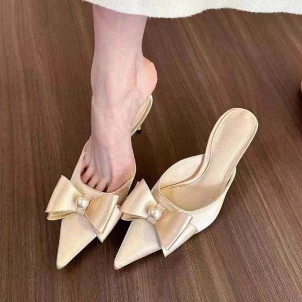 Bowknot Women&#039;s Design Sandals, Slip on Point Toe Solid Color Elegant Stiletto Heel Shoes, Summer Comfy Dress Slides Shoes 6eb5