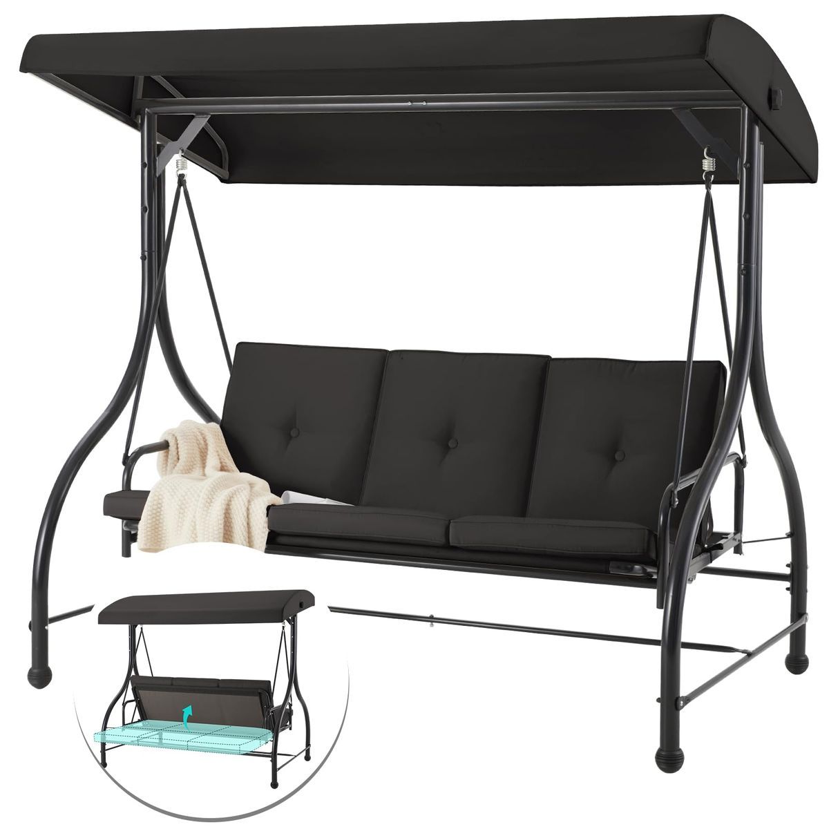 3-Seat Outdoor Swing Hammock with Adjustable Tilt Canopy - 16024BK-UG01