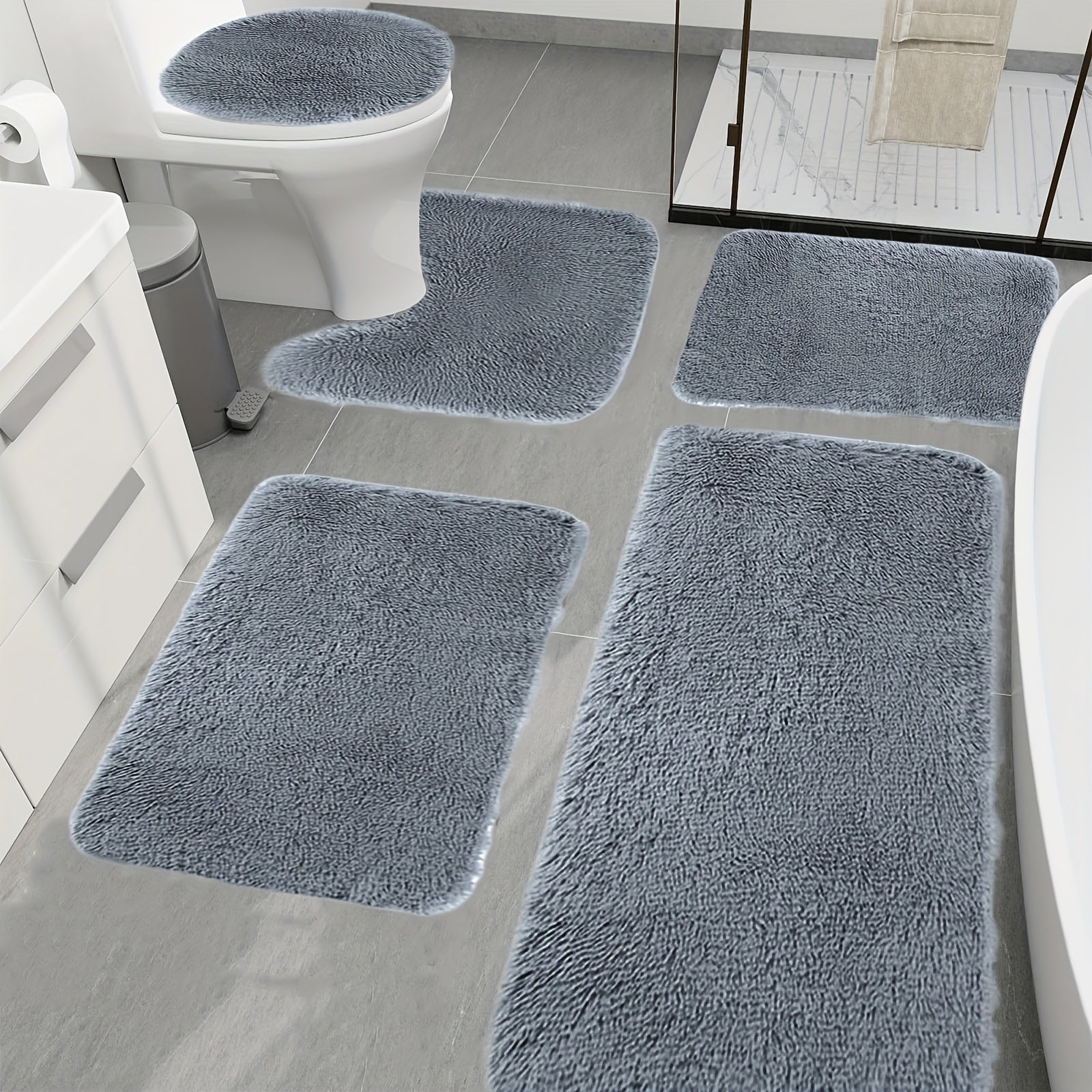 TEMU 5pcs Velvet Fleece Solid Mat Sets Bath Mat Set Of 5 Bathroom Rugs Sets 5pcs For Toilet Mats Universal Soft Water Absorption Non-slip Thick