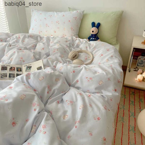 Bedding sets Korean Style Cute Bedding Set For Girls Bed Linen New Skin Friendly Fresh Flora Printed Washed Cotton Duvet Cover Set L240910