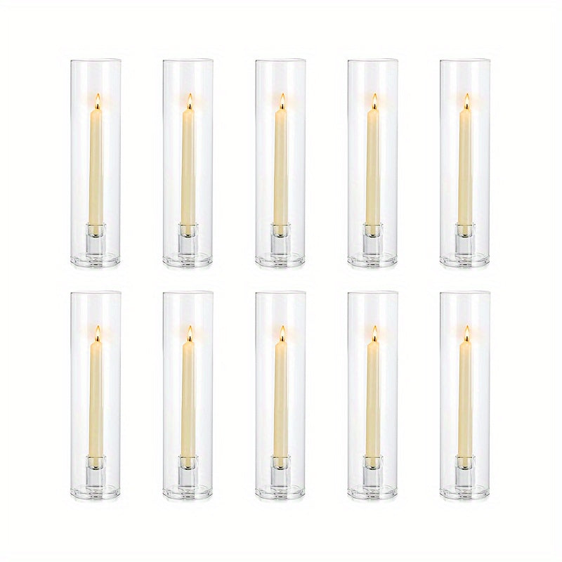 TEMU Hurricane Glass Candle Holders: 2-10 Pcs Candlestick Holder For Taper Candles With Cylinder Covers 11.8 Inch Tall Windproof Clear Candlesticks