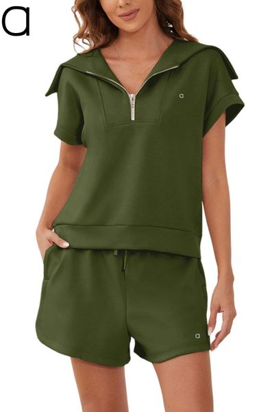 A445 Women&#039;s Two-piece Half-zip Short-sleeved Sweatshirt High-waist Shorts Set Fitness Running Suit For Women Outdoor Yoga Clothing wit