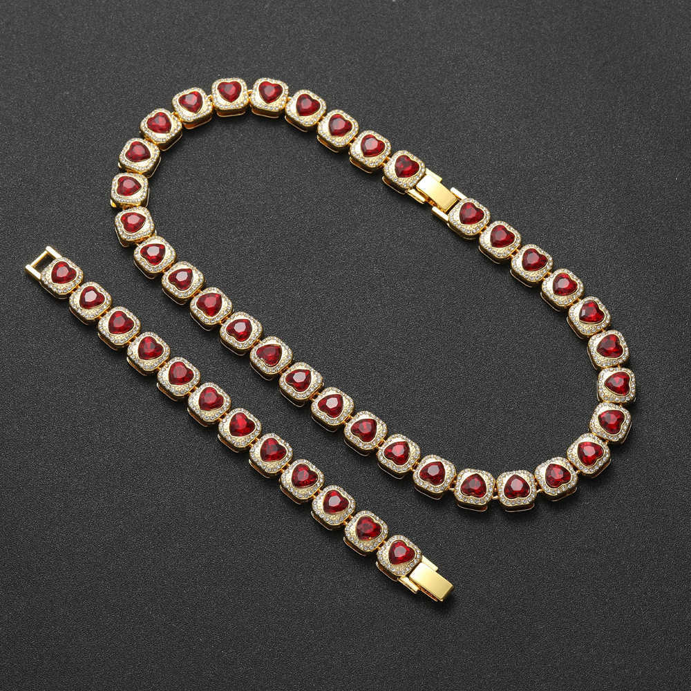 13mm Gzw Hip Hop New Rock Candy Necklace Red Heart Shaped Necklace Choker Bracelet Mens And Womens Alloy Full Diamond Rock Candy Chains Wolf Tide Je