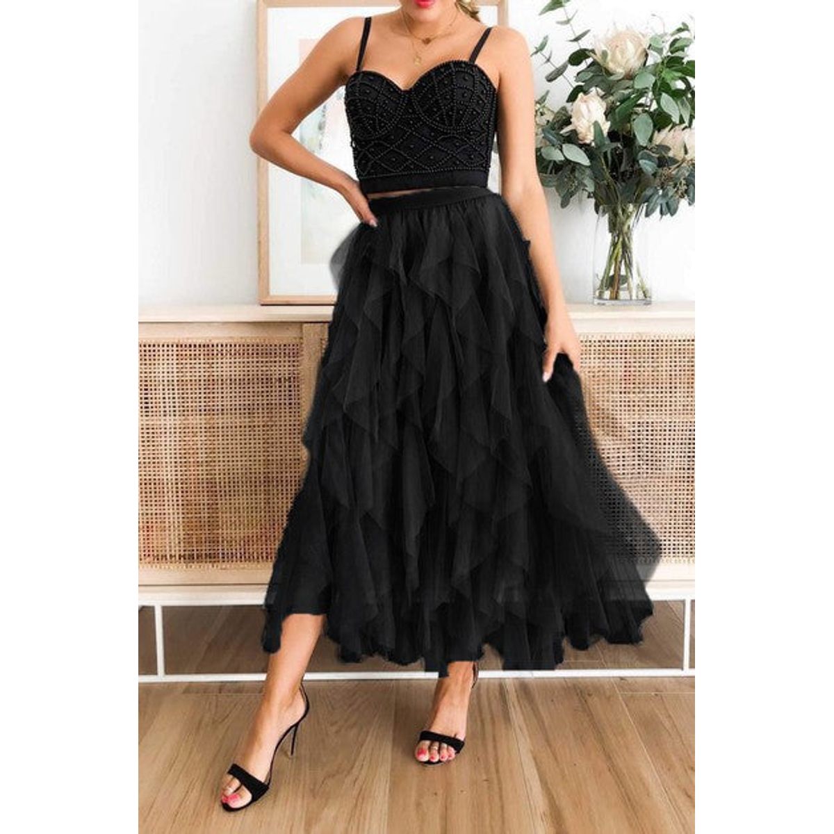 Women's Tulle Tiered Maxi Skirt - Black - Large (10-12)