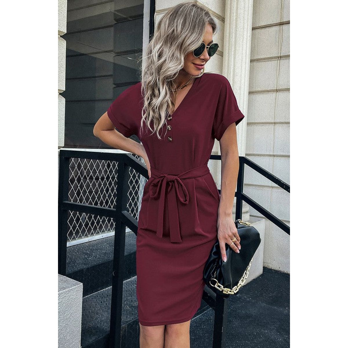 Women's Button Front Short Sleeve Pocket Dress - Wine - Medium (6-8)