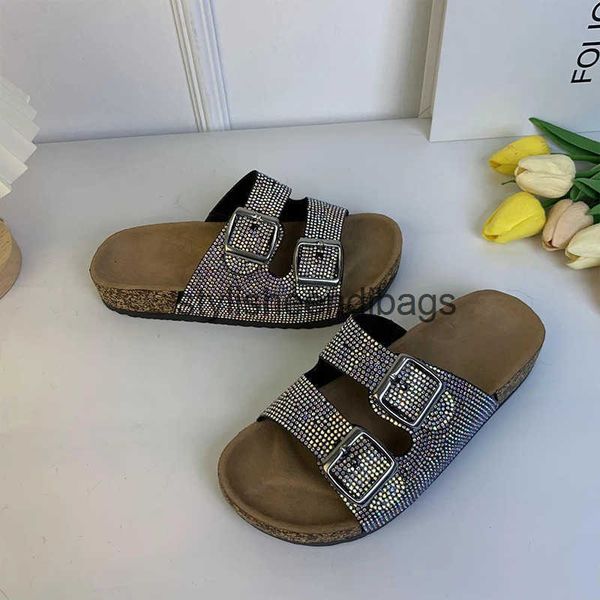 Slippers Fashion imitation wood grain sandals for women diamond sequins double button smooth shoes autumn and winter new H241128