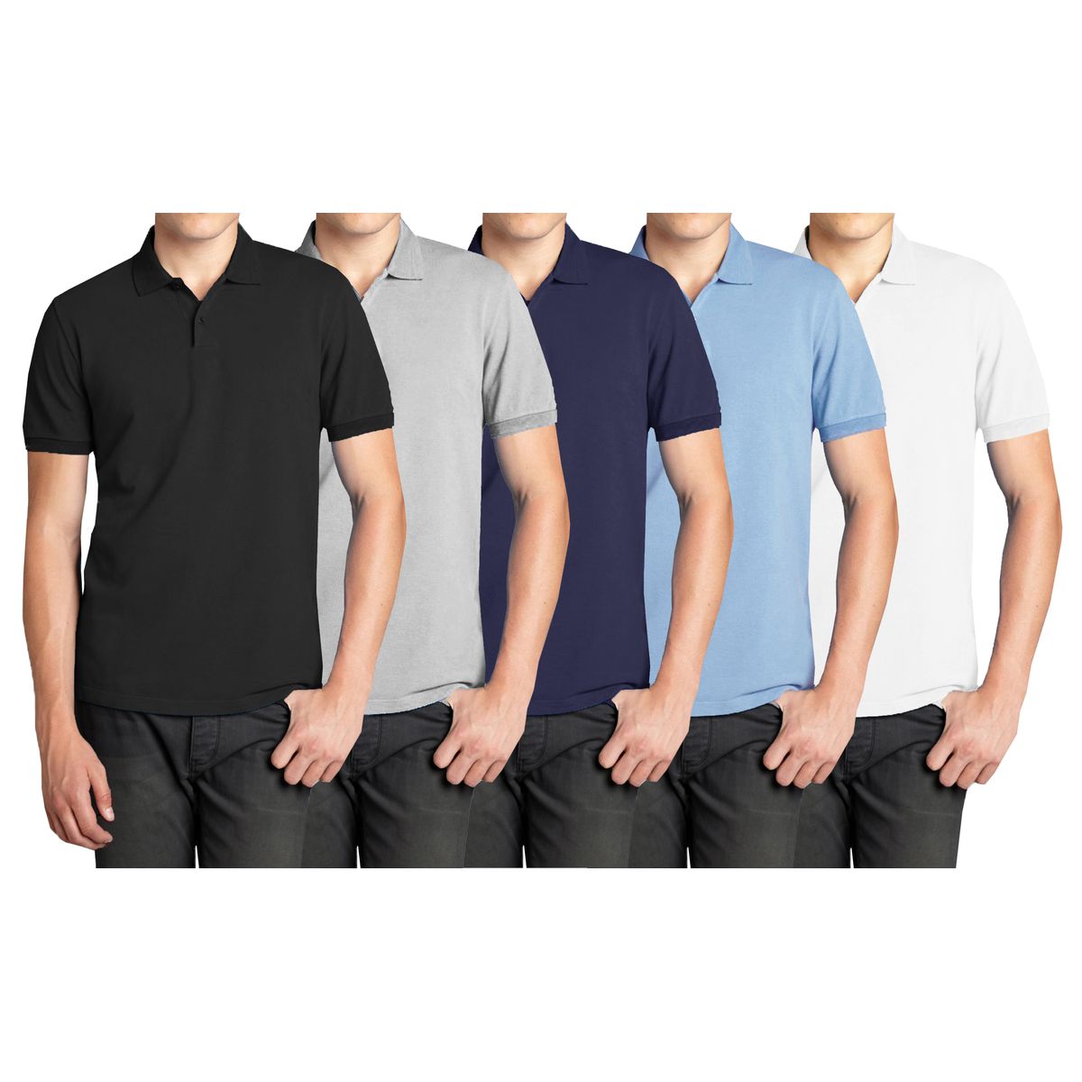 Men's Short Sleeve Pique Solid Polo Shirt (5-Pack) - MPK-2000 - BK-HG-LB-NV-WH - 2XL
