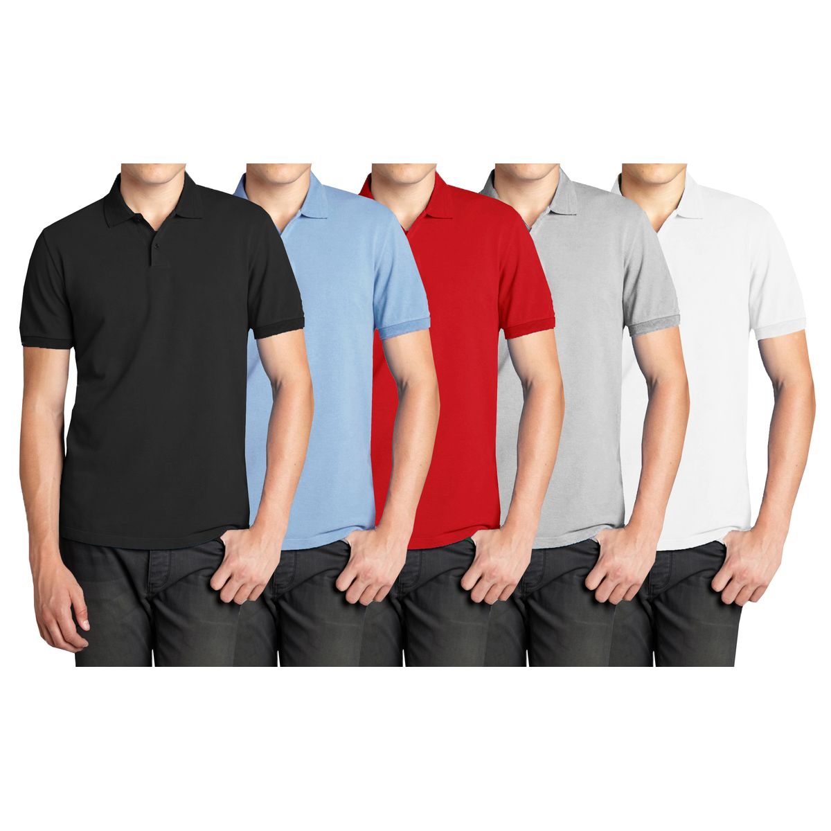 Men's Short Sleeve Pique Solid Polo Shirt (5-Pack) - MPK-2000 - BK-HG-LB-RD-WH - 2XL