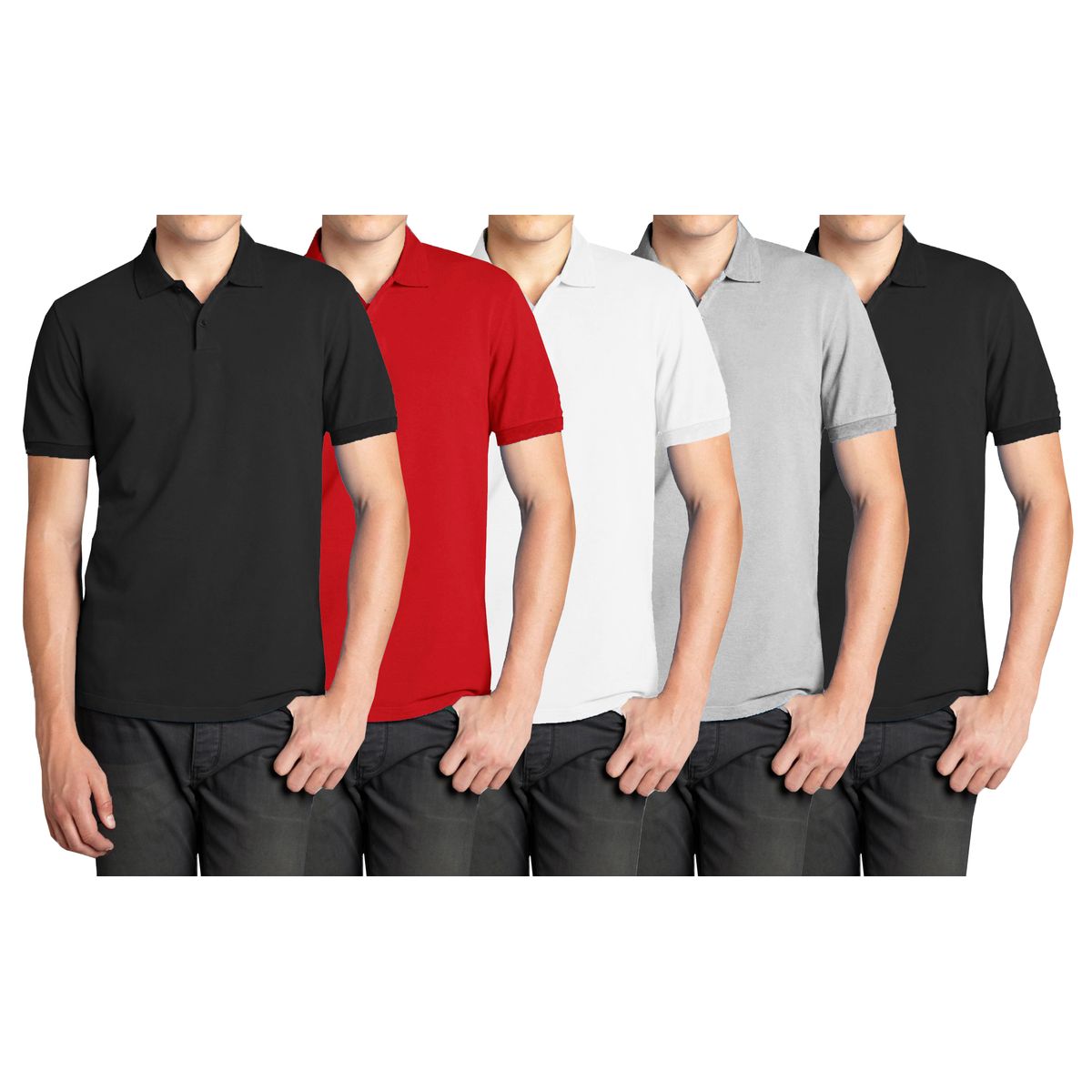 Men's Short Sleeve Pique Solid Polo Shirt (5-Pack) - MPK-2000 - BK-BK-HG-RD-WH - 2XL
