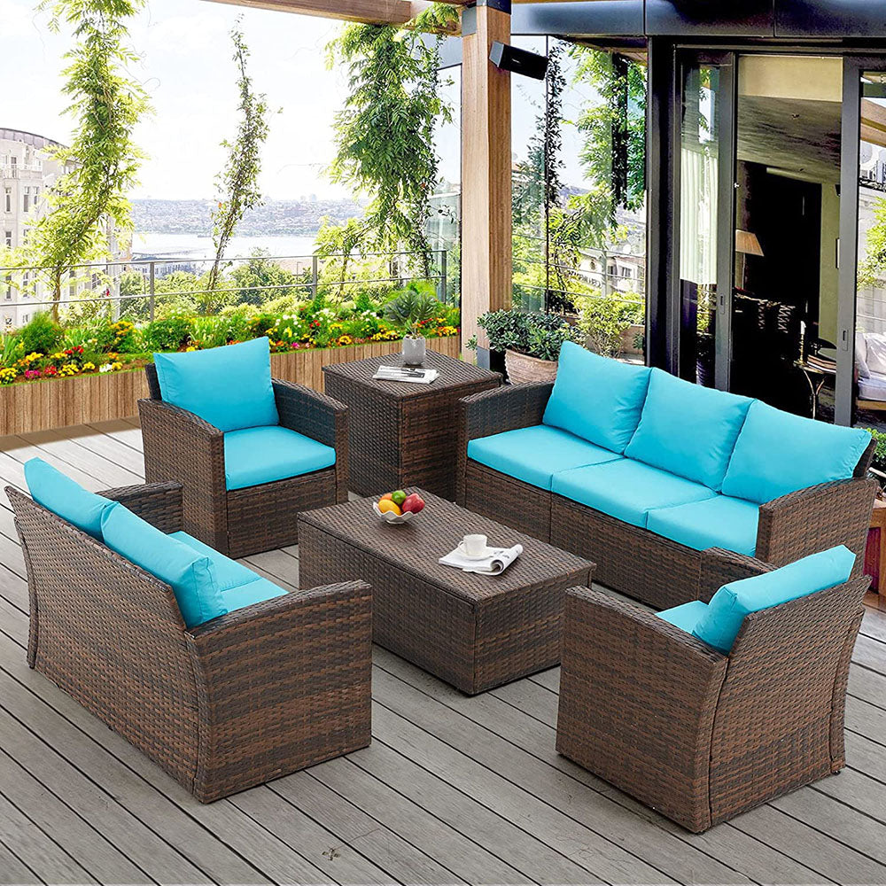 7-Person Rattan Patio Furniture Set with 2 Storage Boxes - Blue
