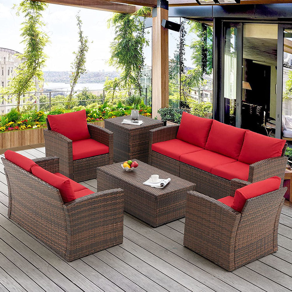 7-Person Rattan Patio Furniture Set with 2 Storage Boxes - Red