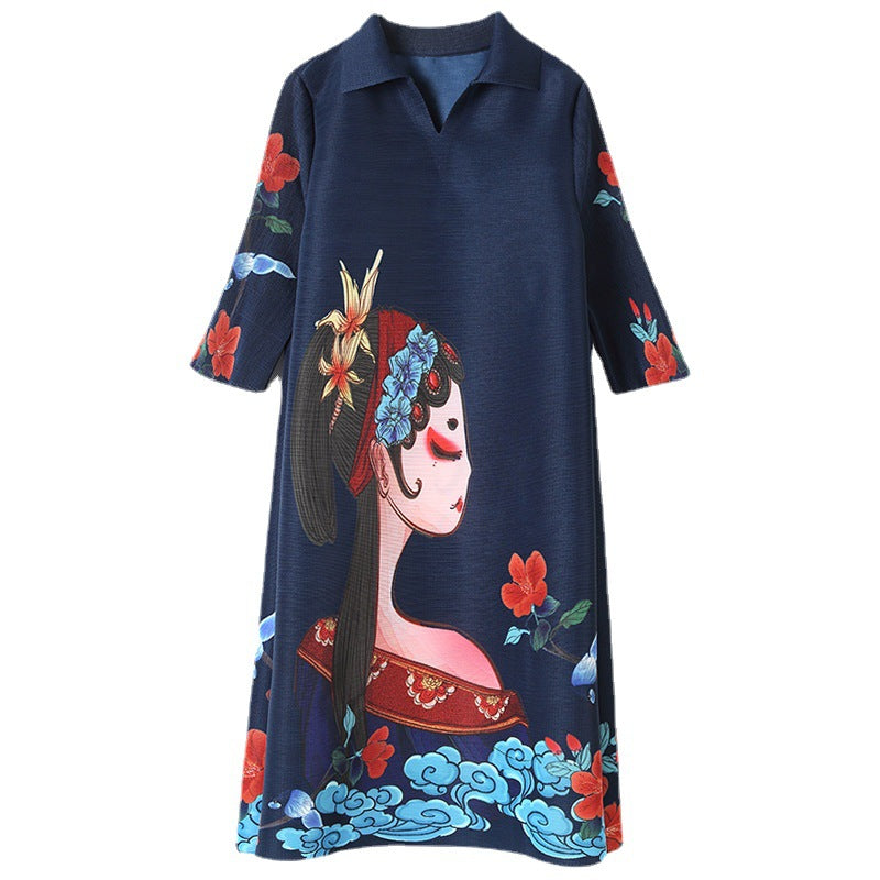 (163) Printed pleated dress spring and summer three-bed shirt collar covers the belly and makes you look thin and casual