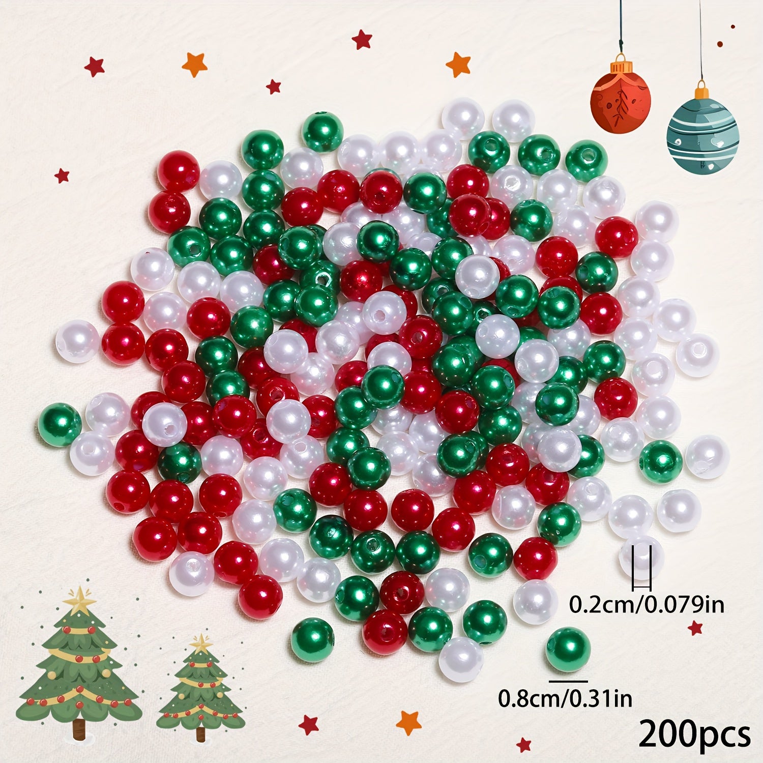 TEMU 200pcs Jilkol 8mm Glossy Acrylic Round Beads - Red, Green, White & Golden Christmas Mixed Colors With Heart, Tree, Snowman, Gingerbread & Candy