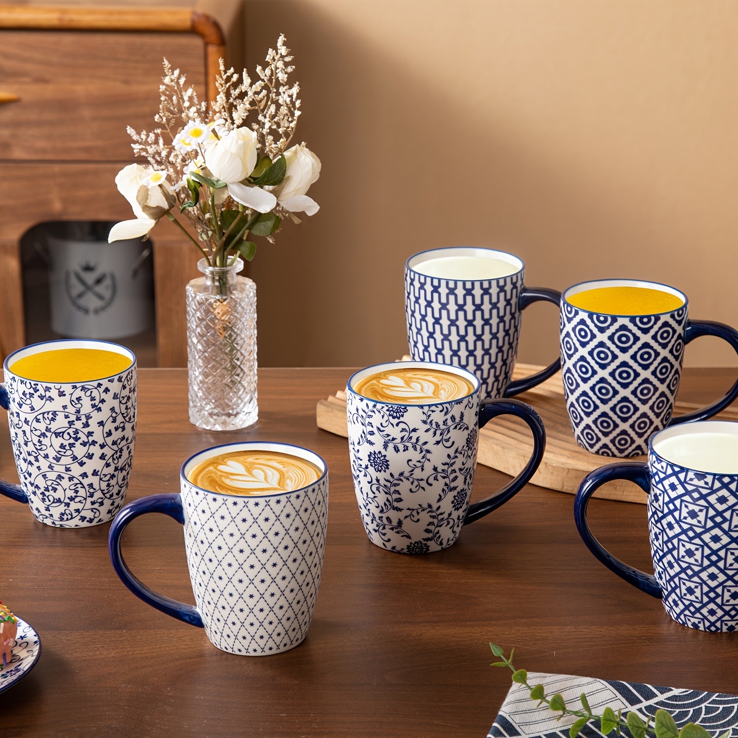 TEMU 6pcs Set, 16oz Large Vintage Blue Ceramic Coffee Mugs - Porcelain Cups With Handle For Tea, , Milk, Latte, Cappuccino - Microwave & Dishwasher