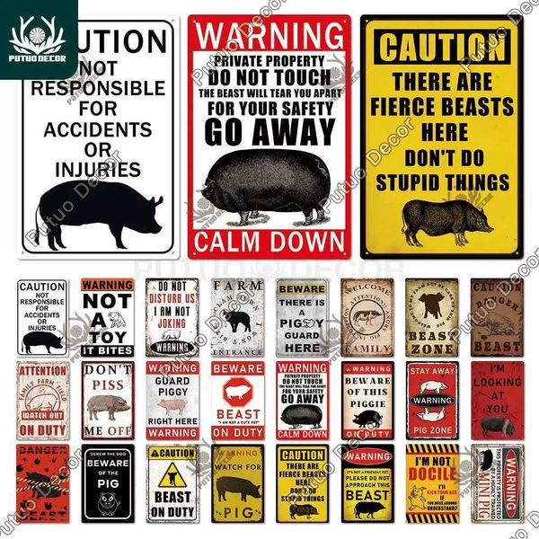 Putuo Decor Warning Tin Sign Vintage Metal Sign Pig Caution Plate Warning Decorative for Zoo Piggy Farm House Wall Decor Z250118