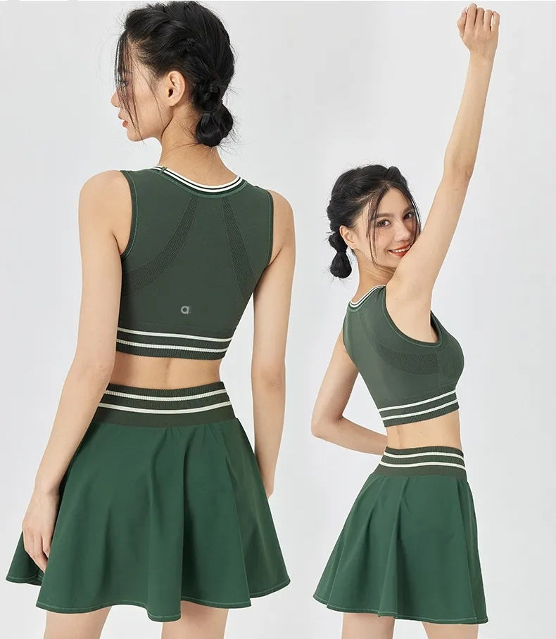A276 Women New Sports Breathable and Shockproof Bra Top Skirts Set Striped Tennis A-line Skirts