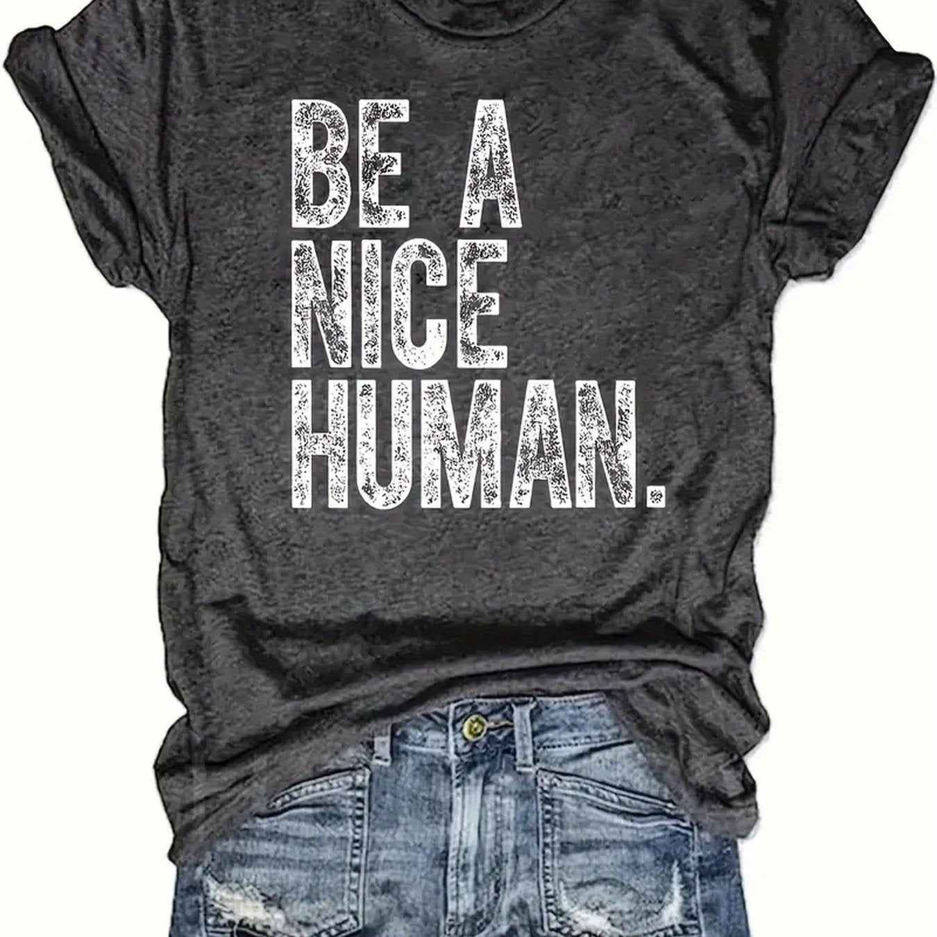 TEMU Women's "" Distressed Letter Print T-shirt - Dark Grey Short Sleeve Crew Neck Casual Top, Relaxed Fit, Machine Washable, , Ladies T Shirts,