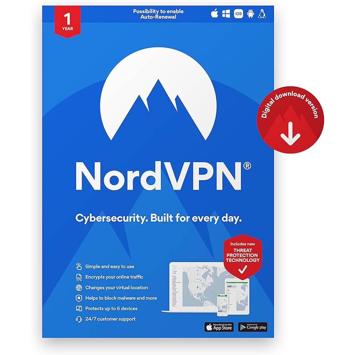 NordVPN® Virtual Private Network Digital Software - Standard (1 or 2-Year Sub) - (10 Devices-1 Year)