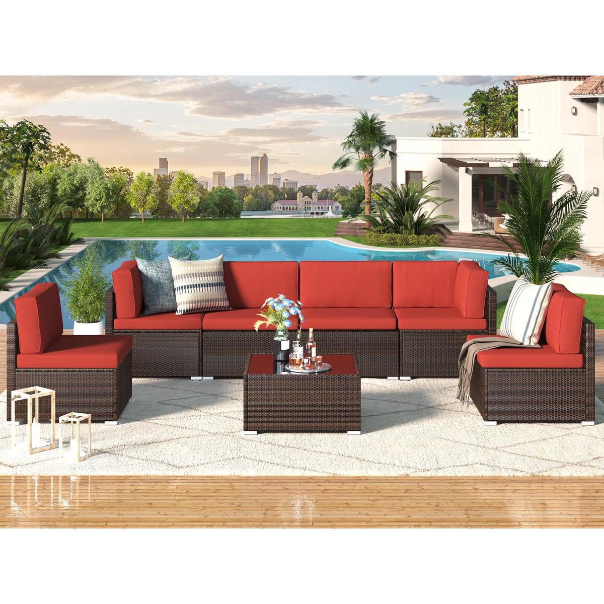7-Piece Outdoor PE Wicker Rattan Patio Furniture Set - Black Rattan & Red Cushion