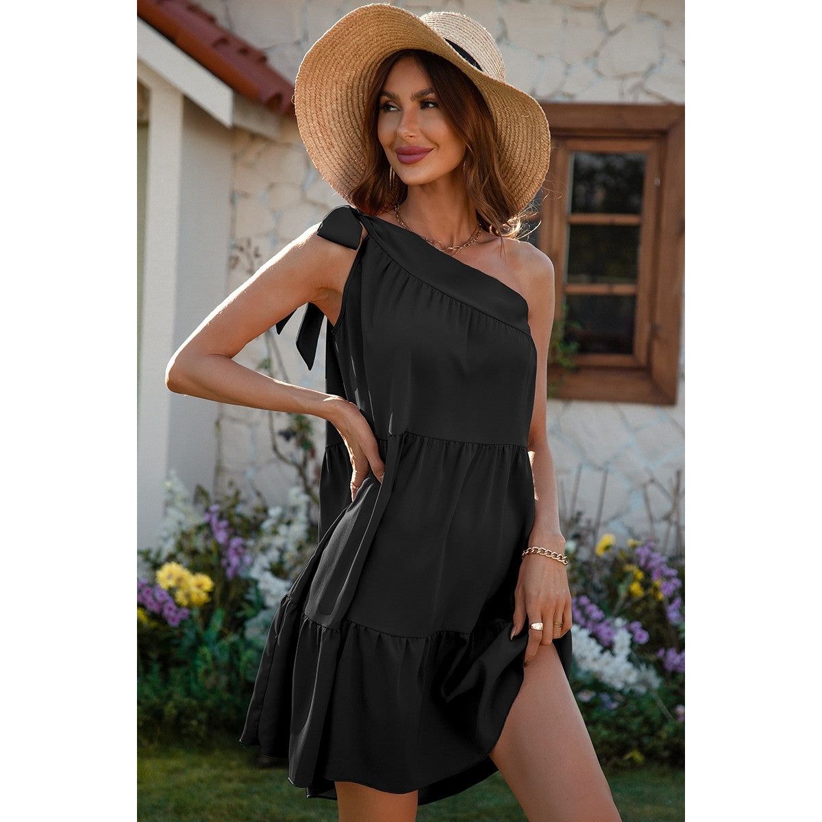 Women's One-Shoulder Charm Dress - Black - L