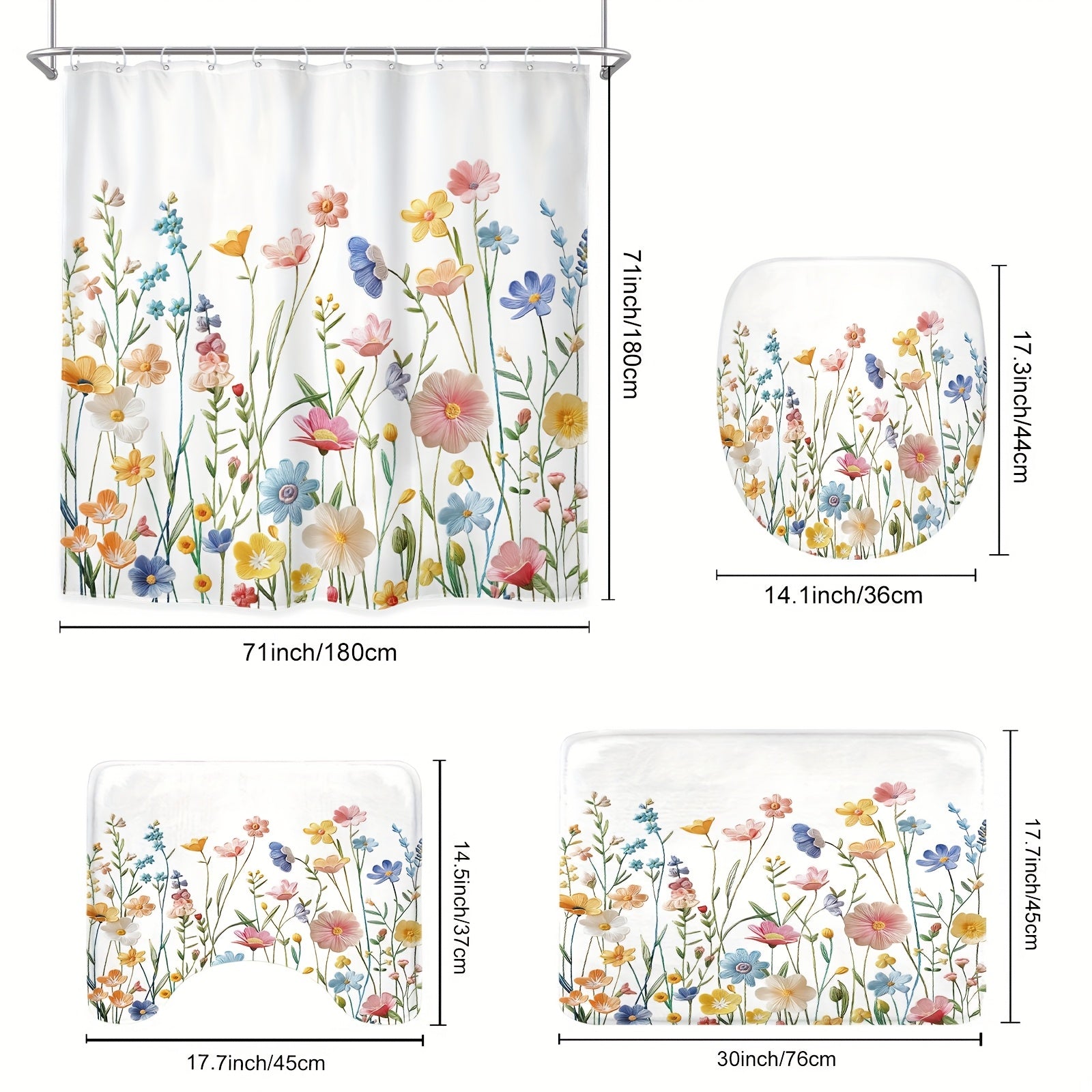 TEMU 1-4pcs - Wildflowers Weeds Shower Curtain Set, Shower Curtain With 12 Plastic Hooks, Bathroom Anti-slip Floor Mat, Toilet U-shaped Mat, Cover