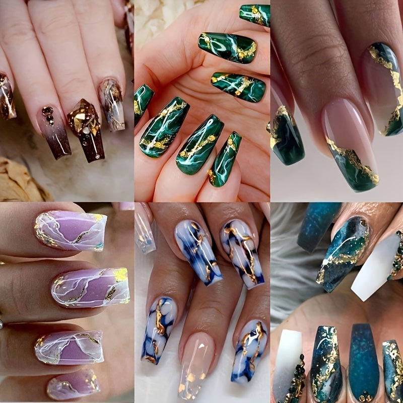 TEMU 144pcs Coffin Press On Nails Medium Length Fake Nails Artificial False Nails With Blue Marble & Sequins Designs Glossy Acrylic Nails Nude Full