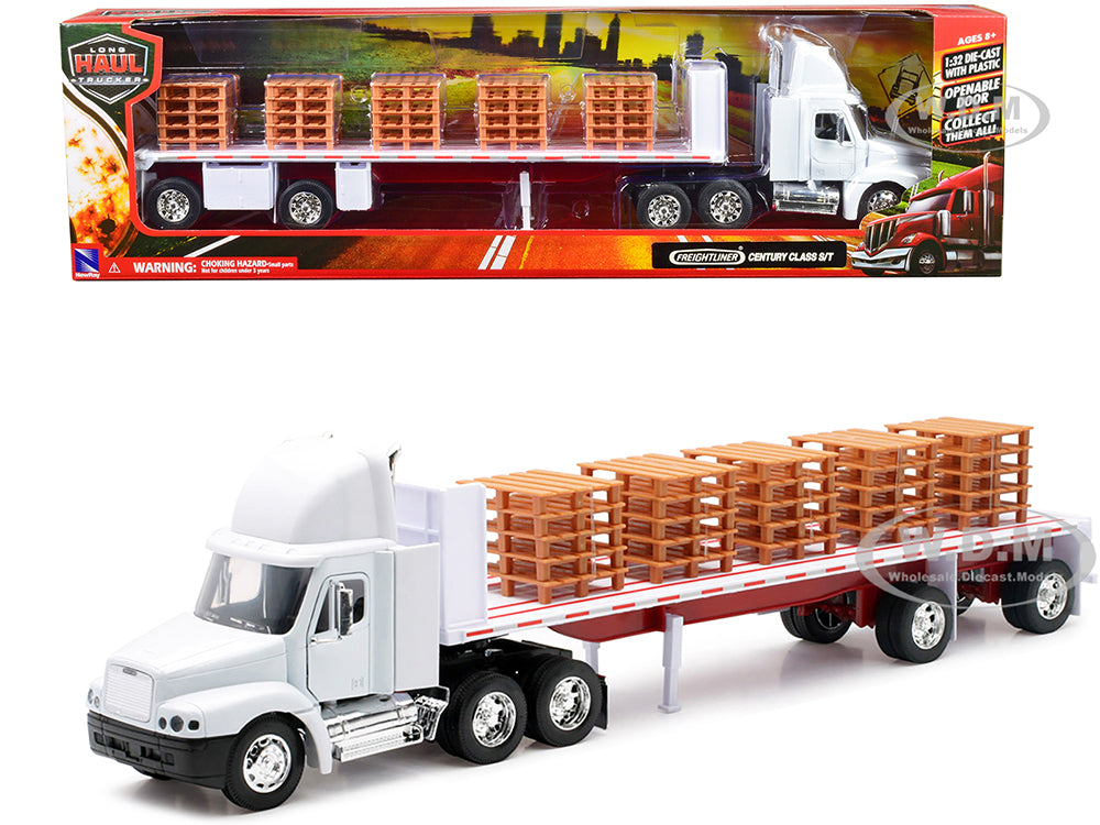 Freightliner Century Class S-T Flatbed Truck White with Pallet Accessories "Long Haul Trucker" Series 1-32 Diecast Model by New Ray