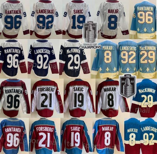 Mens Ice Hockey 8 Cale Makar Jerseys 29 Nathan MacKinnon 92 Gabriel Landeskog Mikko Rantanen Joe Sakic Peter Forsberg Burgundy Blue White Re