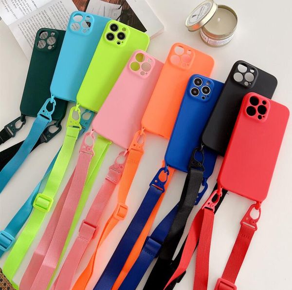 Crossbody Candy Color TPU Necklace Strap Lanyard Cord Soft Silicone Phone Case For iPhone 15 13 12 11 14 Pro Max Back Cover