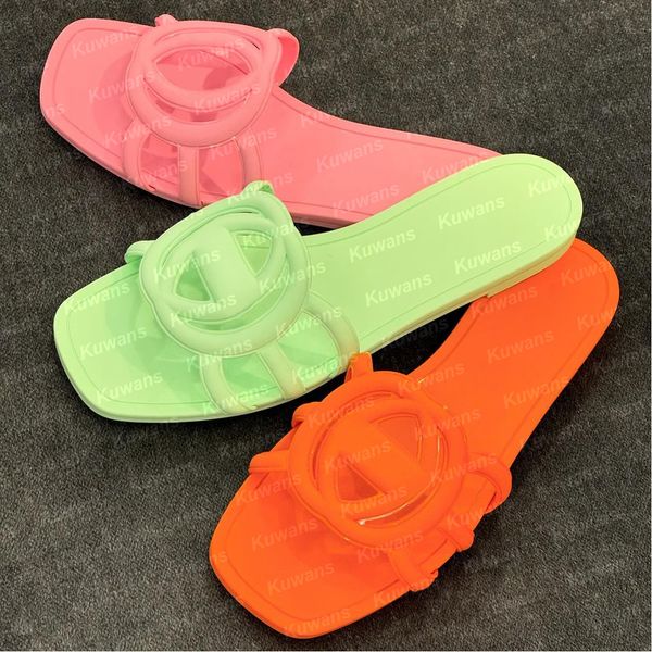 Designer Sandals Women Interlocking G Slides Rubber Slippers Ladies Flat Beach Jelly Script Orange Summer Fall Mules Outdoor Waterproof