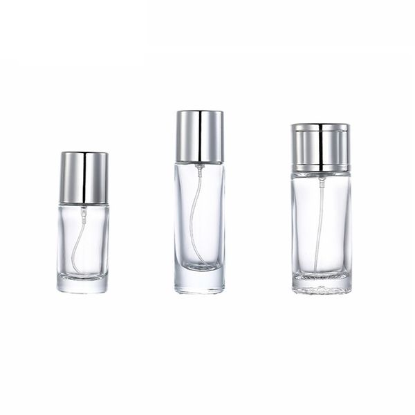 Clear Round Shape Glass Perfume Bottle 20ml 30ml 50ml Portable Packing Silver Spary Pump With Silver Cover Refillable Packaging Container